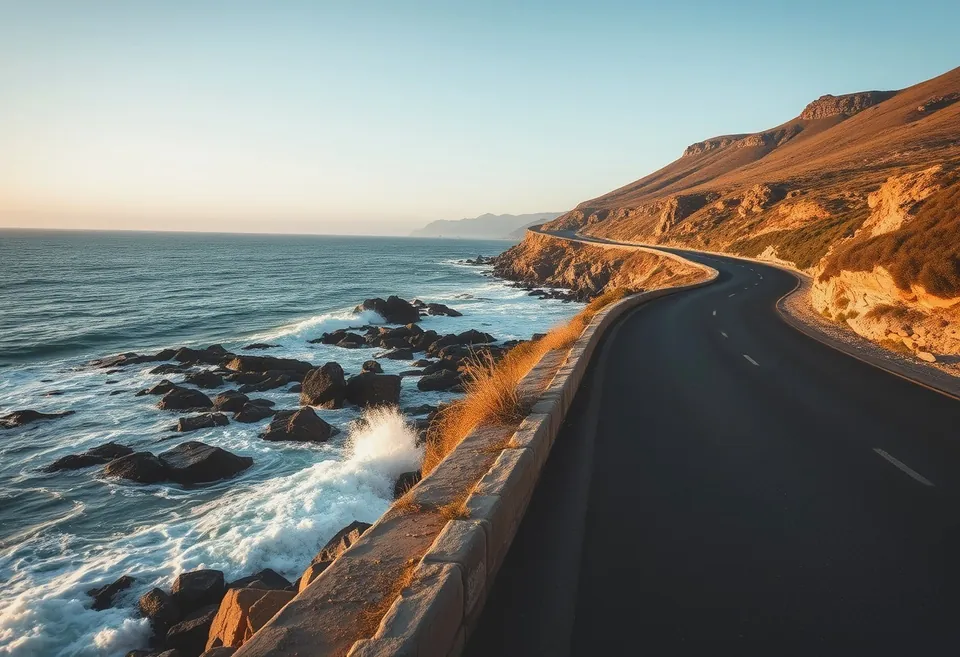 A coastal road cut into the mountainside above the sea on the southern R44