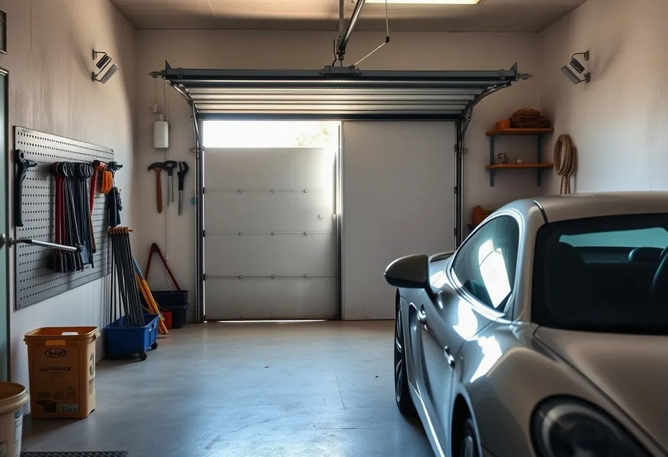 A garage workshop with a car on a lift and tyres stacked against the wall